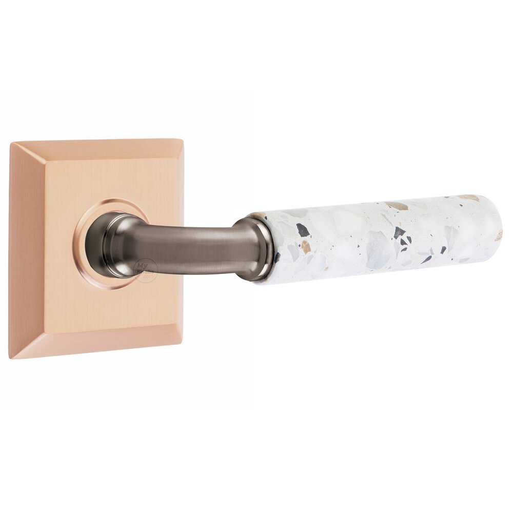 Privacy Quincy Rosette in Satin Rose Gold and R-Bar in Pewter Stem with Right Handed Light Terrazzo Lever