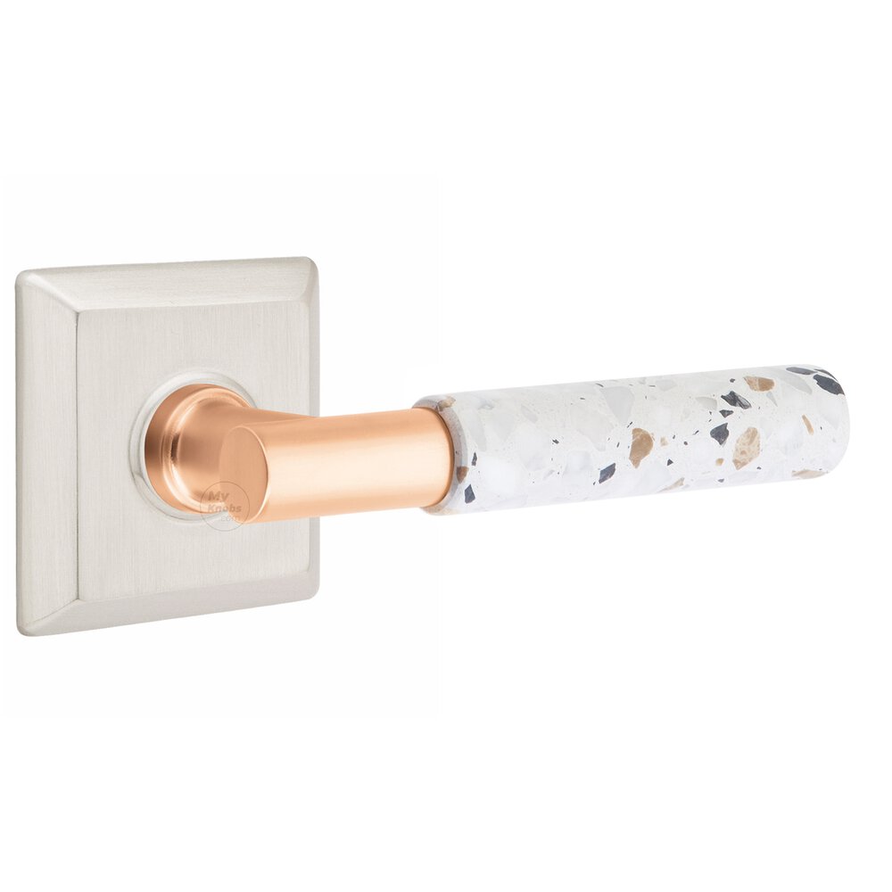 Single Dummy Quincy Rosette in Satin Nickel and T-Bar in Satin Rose Gold Stem with Reversible Handed Light Terrazzo Lever