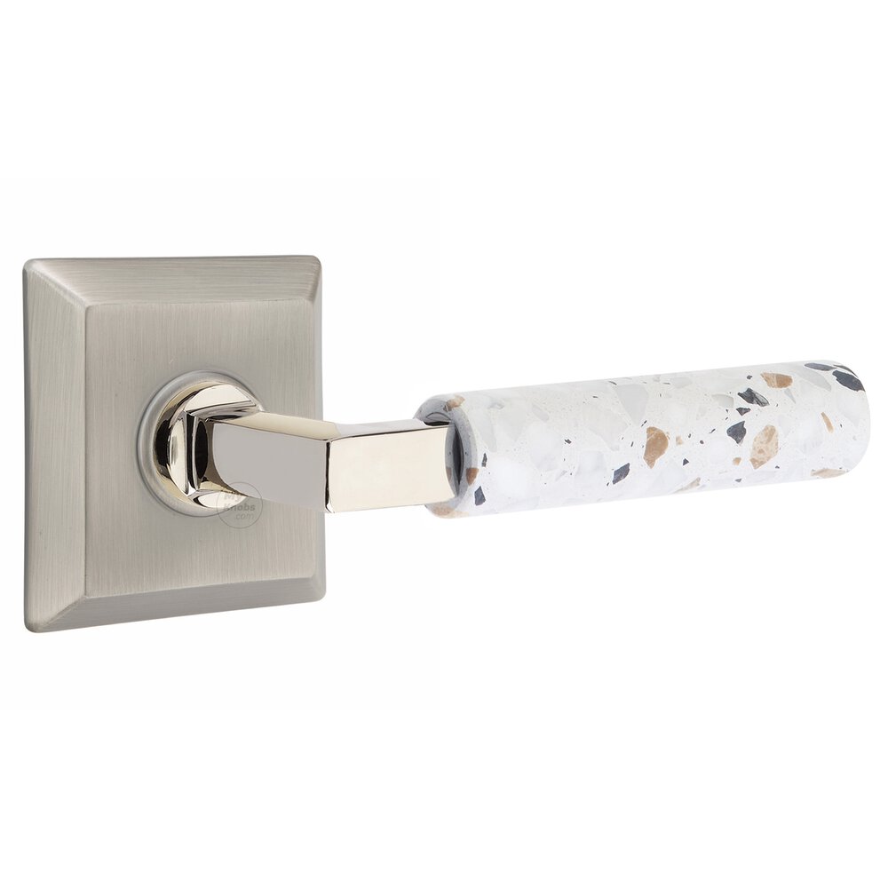 Concealed Passage Quincy Rosette in Pewter and L-Square in Polished Nickel Stem with Reversible Handed Light Terrazzo Lever