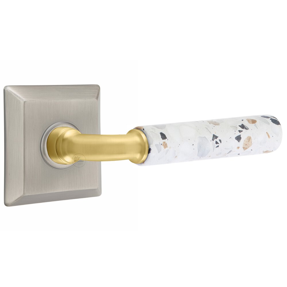 Passage Quincy Rosette in Pewter and R-Bar in Satin Brass Stem with Right Handed Light Terrazzo Lever