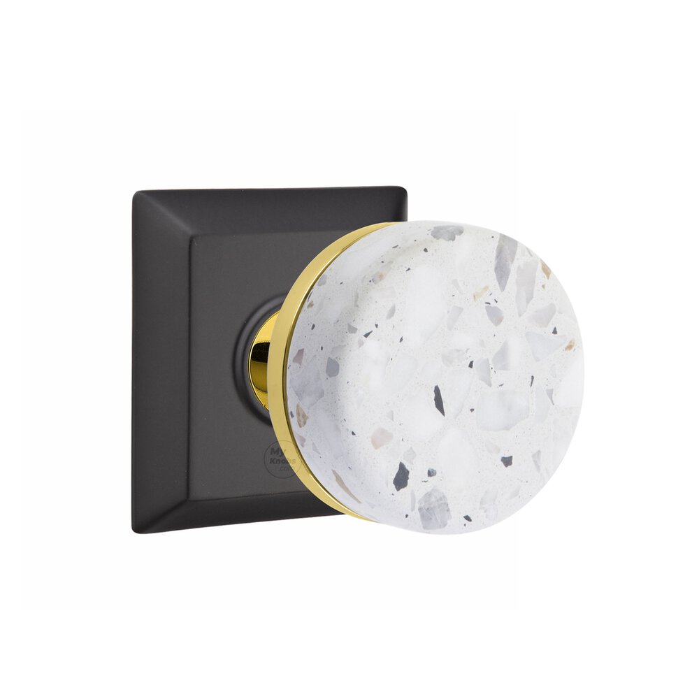 Privacy Quincy Rosette in Flat Black and Conical Stem in Unlacquered Brass with Light Terrazzo Knob