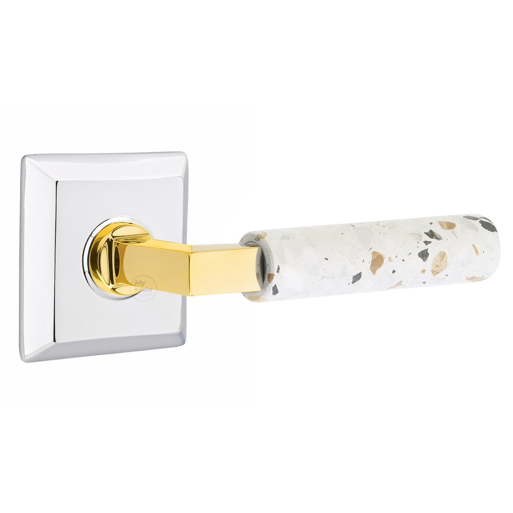 Passage Quincy Rosette in Polished Chrome and L-Square in Unlacquered Brass Stem with Right Handed Light Terrazzo Lever