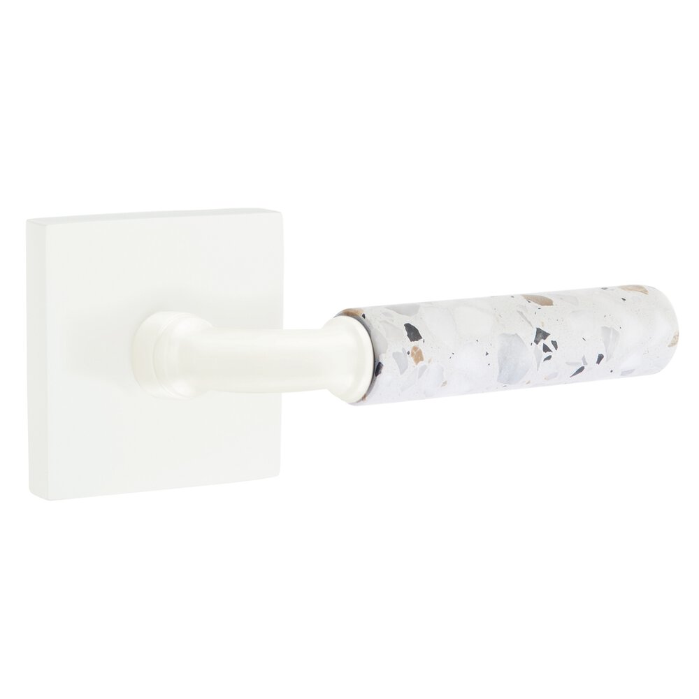 Concealed Privacy Square Rosette in Matte White and R-Bar in Matte White Stem with Reversible Handed Light Terrazzo Lever