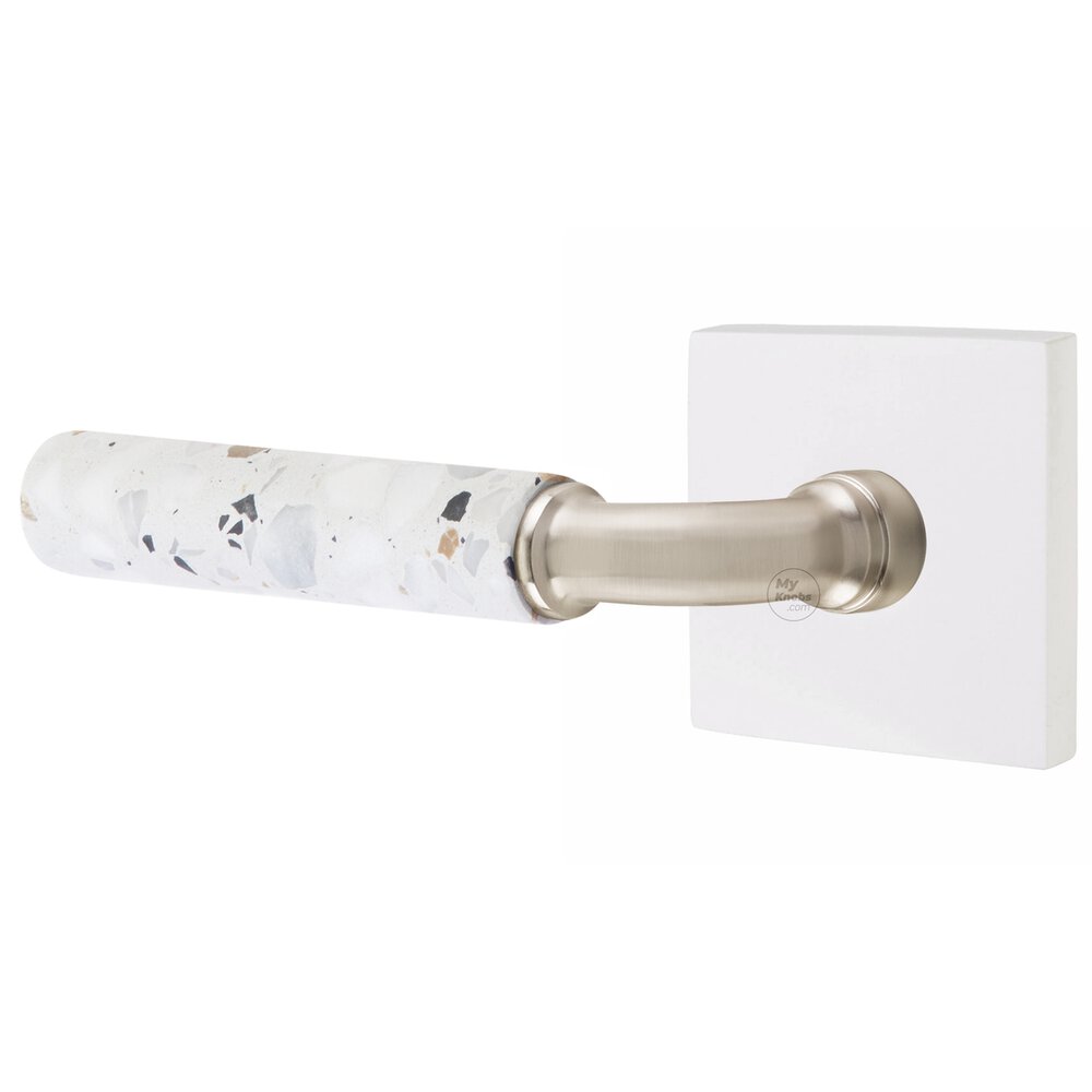 Privacy Square Rosette in Matte White and R-Bar in Satin Nickel Stem with Left Handed Light Terrazzo Lever
