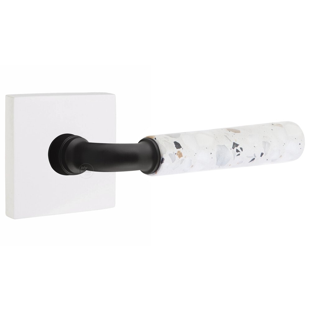 Concealed Passage Square Rosette in Matte White and R-Bar in Flat Black Stem with Reversible Handed Light Terrazzo Lever