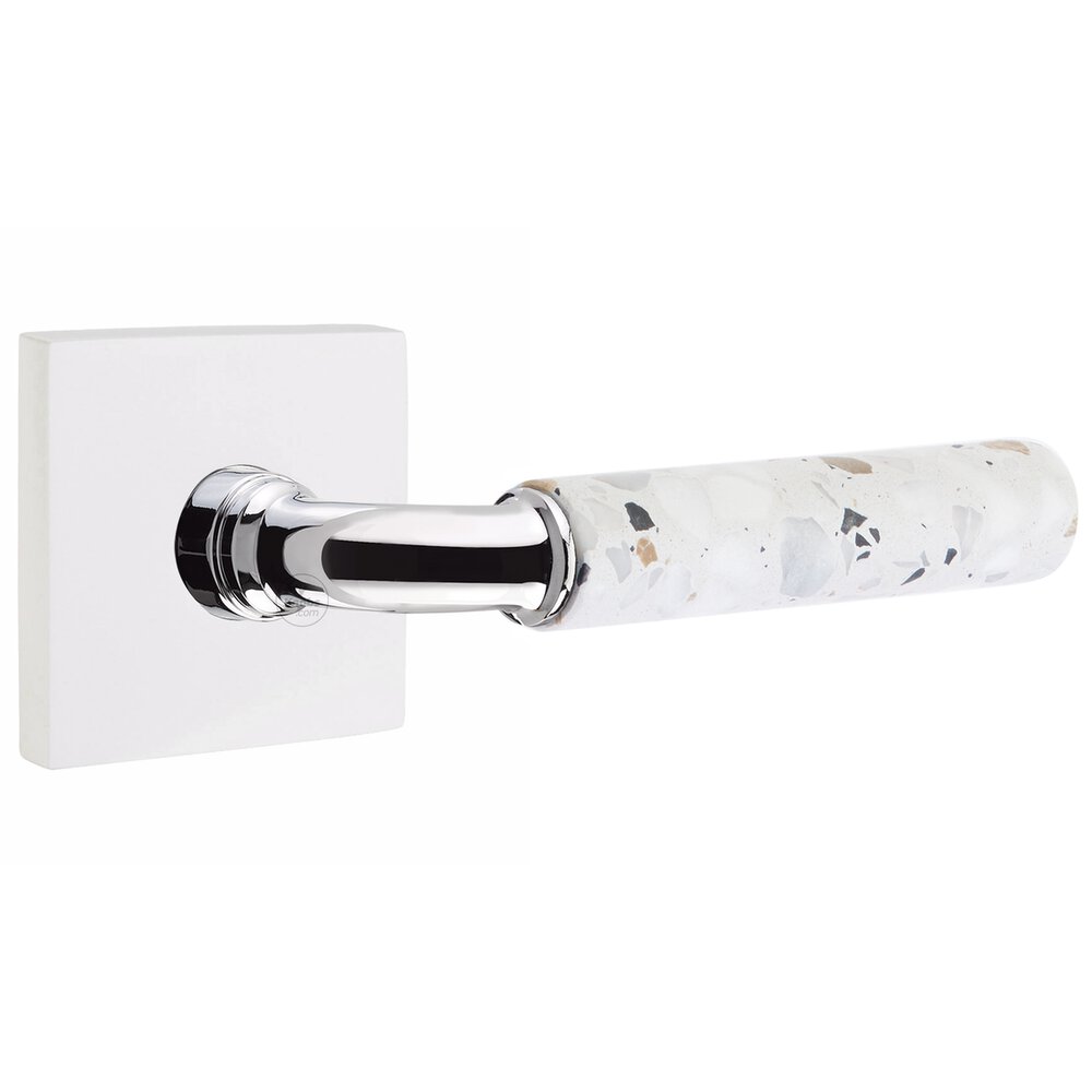 Concealed Privacy Square Rosette in Matte White and R-Bar in Polished Chrome Stem with Reversible Handed Light Terrazzo Lever