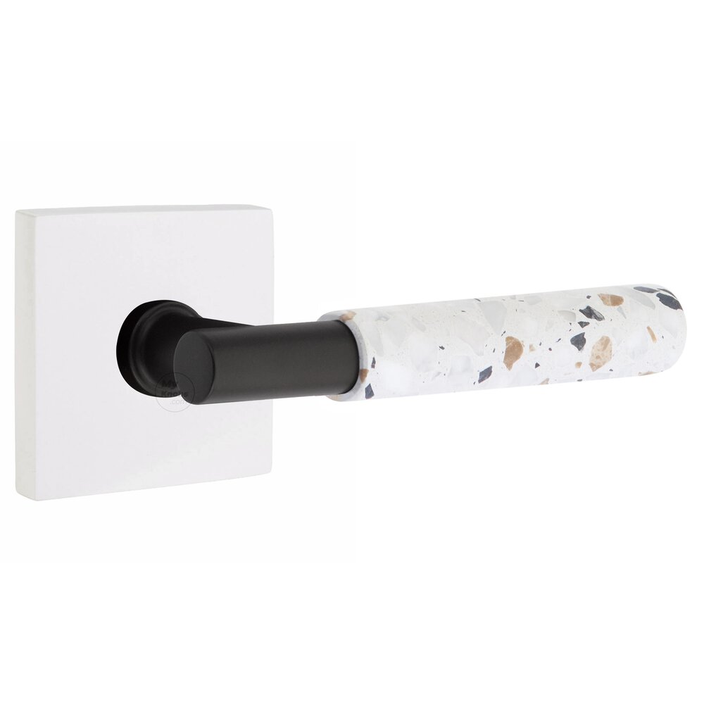 Concealed Privacy Square Rosette in Matte White and T-Bar in Flat Black Stem with Reversible Handed Light Terrazzo Lever