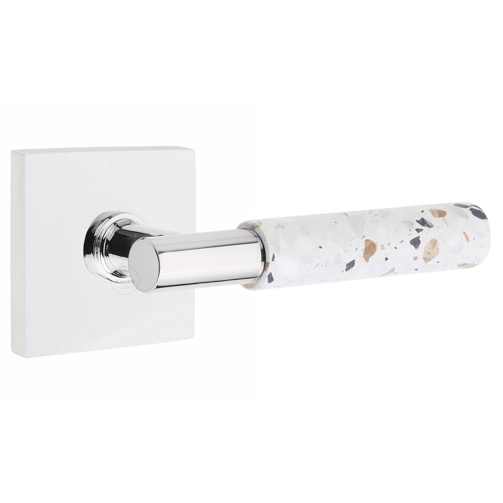 Privacy Square Rosette in Matte White and T-Bar in Polished Chrome Stem with Right Handed Light Terrazzo Lever