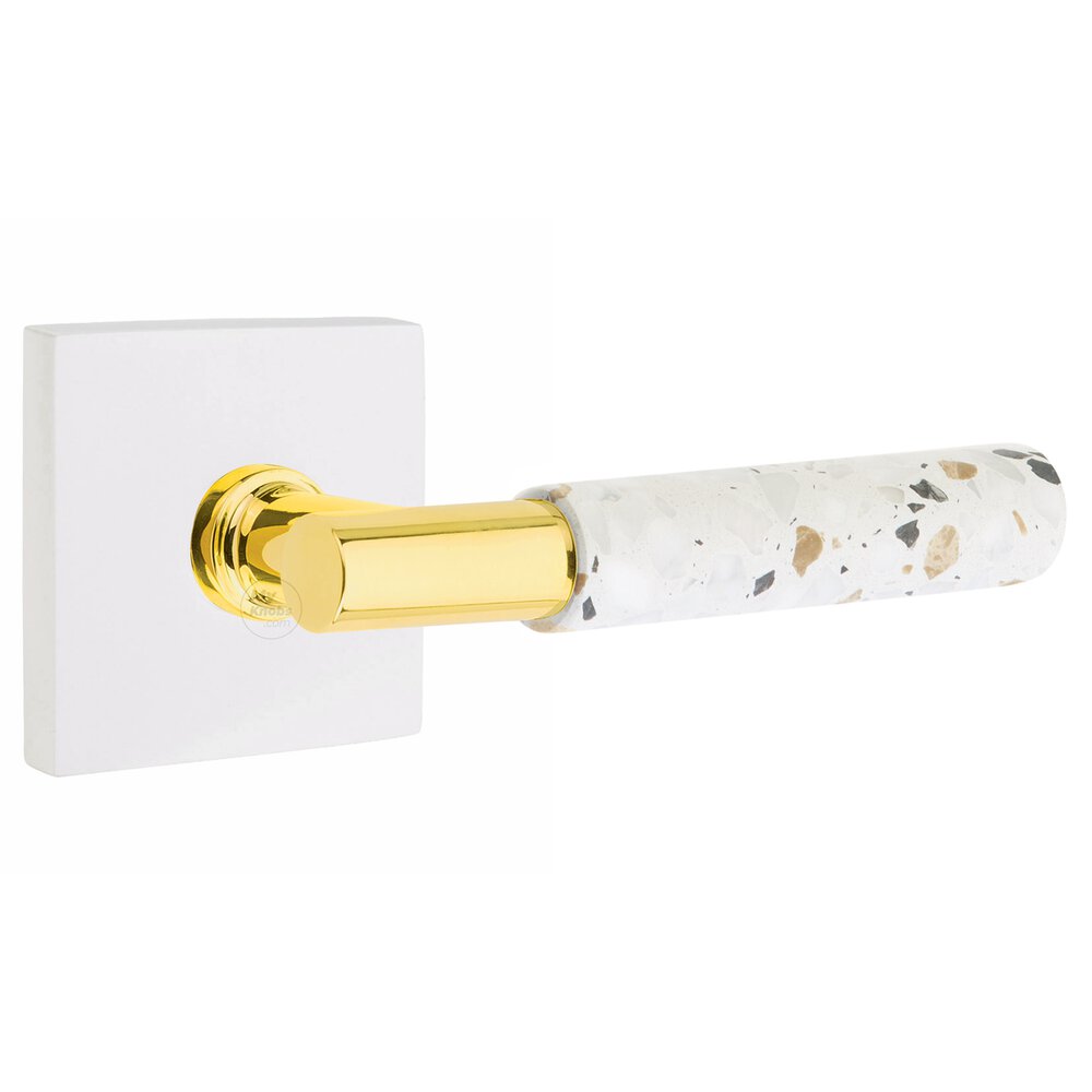 Privacy Square Rosette in Matte White and T-Bar in Unlacquered Brass Stem with Right Handed Light Terrazzo Lever