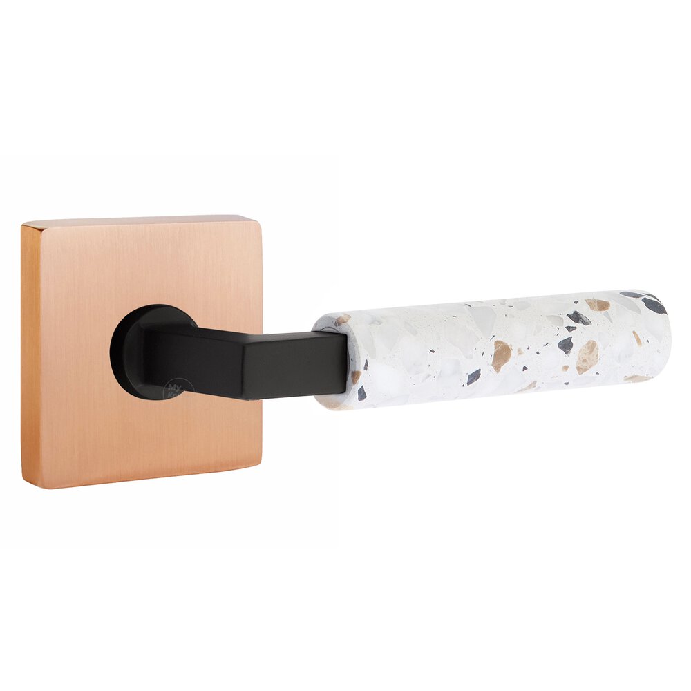 Concealed Passage Square Rosette in Satin Rose Gold and L-Square in Flat Black Stem with Reversible Handed Light Terrazzo Lever