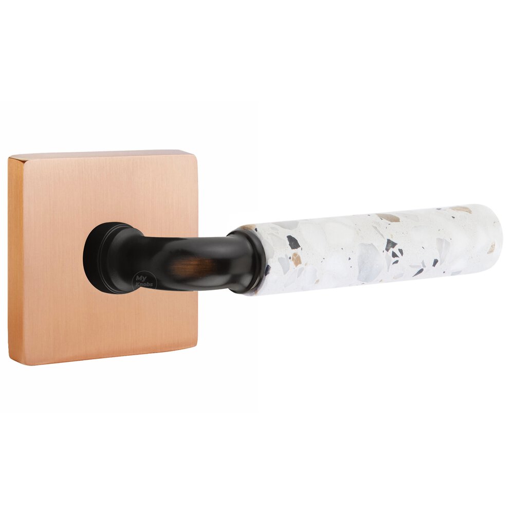 Concealed Privacy Square Rosette in Satin Rose Gold and R-Bar in Oil Rubbed Bronze Stem with Reversible Handed Light Terrazzo Lever