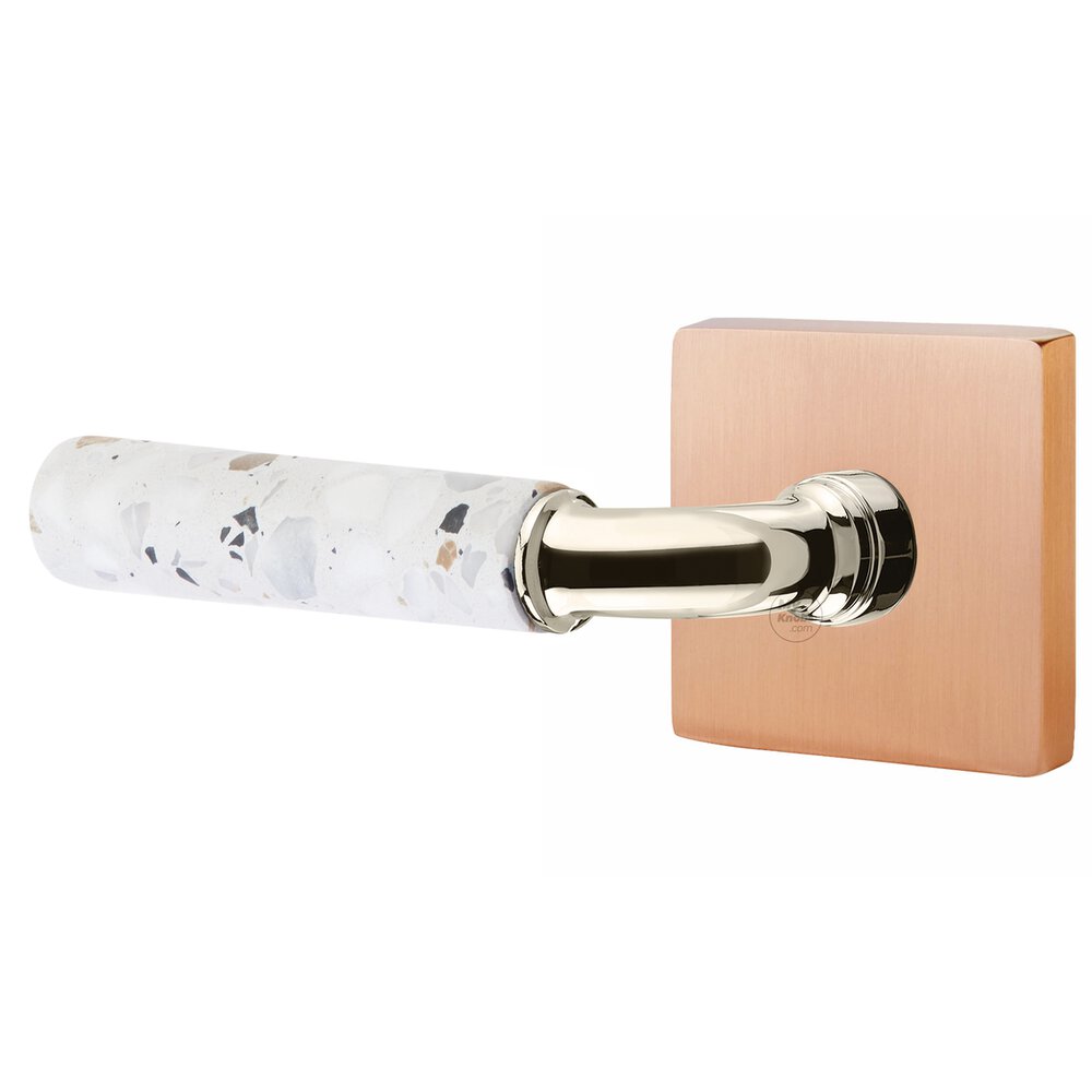 Privacy Square Rosette in Satin Rose Gold and R-Bar in Polished Nickel Stem with Left Handed Light Terrazzo Lever