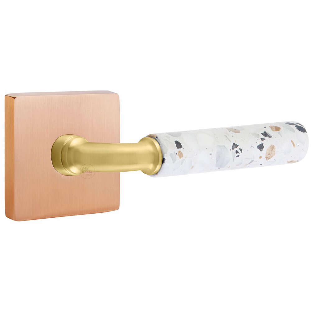 Passage Square Rosette in Satin Rose Gold and R-Bar in Satin Brass Stem with Right Handed Light Terrazzo Lever