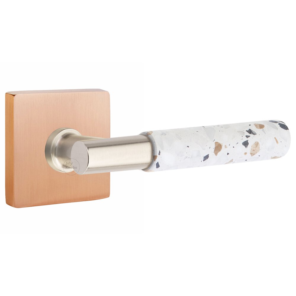 Passage Square Rosette in Satin Rose Gold and T-Bar in Satin Nickel Stem with Right Handed Light Terrazzo Lever