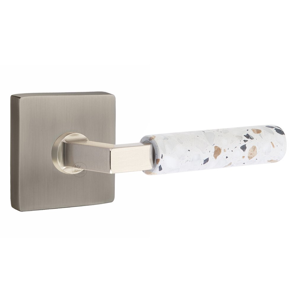 Concealed Privacy Square Rosette in Pewter and L-Square in Satin Nickel Stem with Reversible Handed Light Terrazzo Lever
