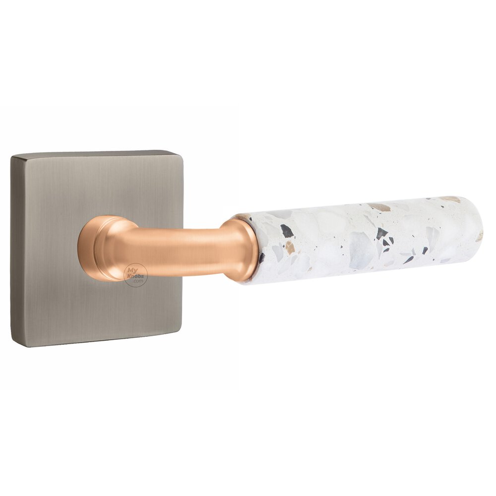 Concealed Privacy Square Rosette in Pewter and R-Bar in Satin Rose Gold Stem with Reversible Handed Light Terrazzo Lever
