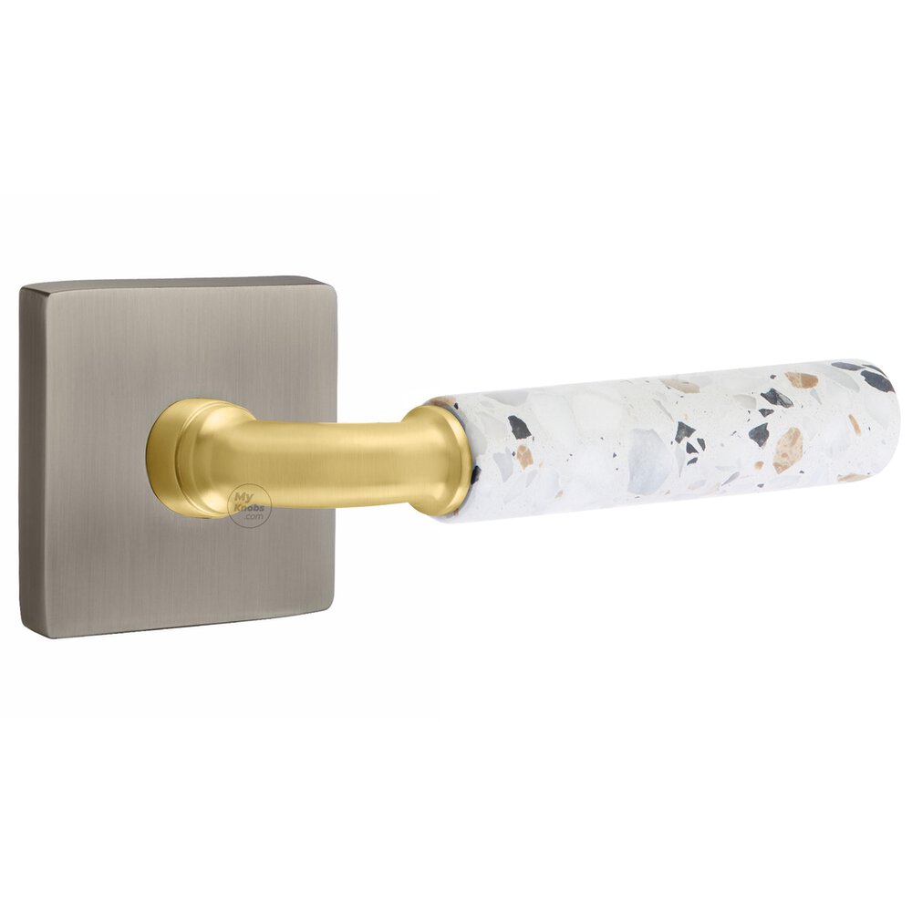 Double Dummy Square Rosette in Pewter and R-Bar in Satin Brass Stem with Reversible Handed Light Terrazzo Lever