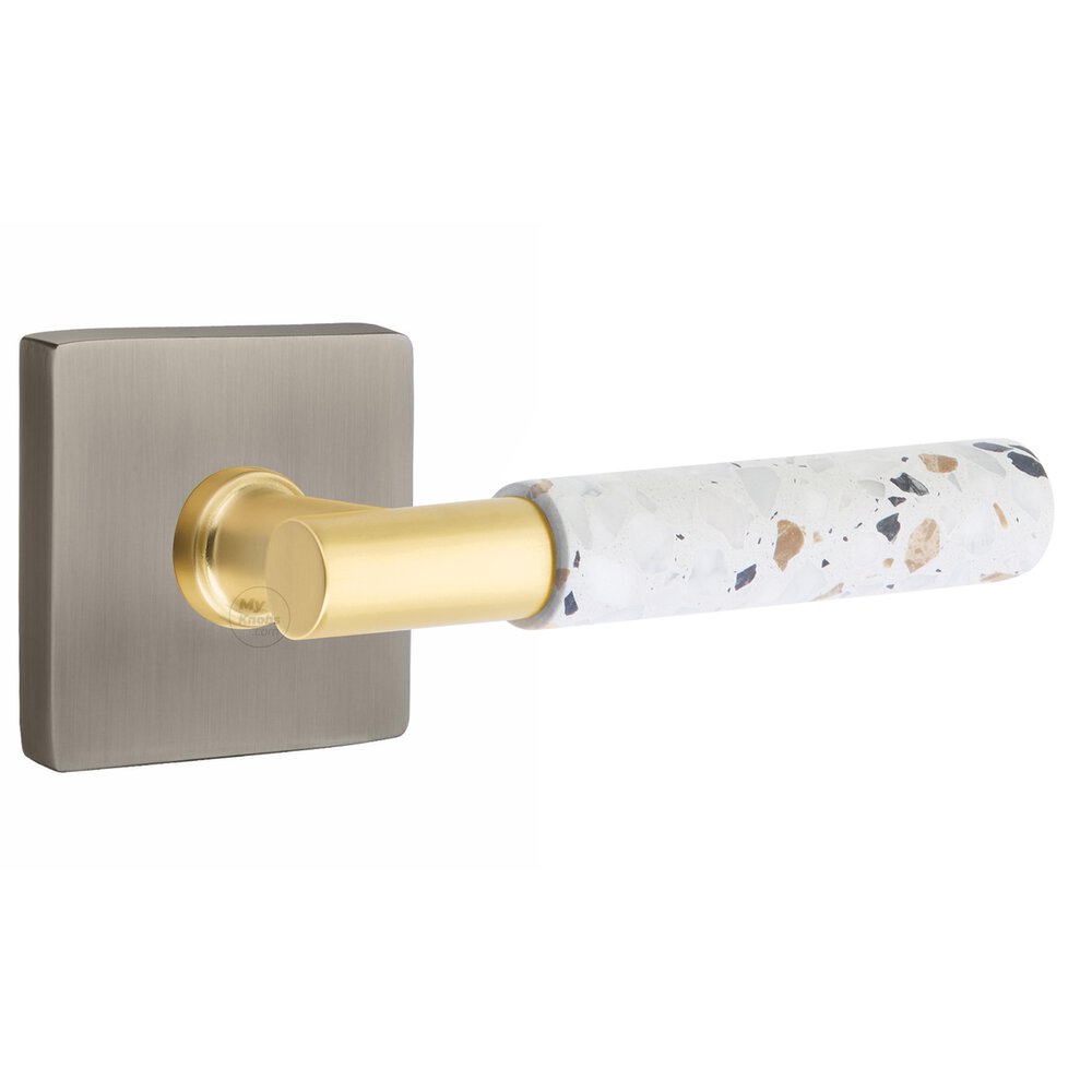 Privacy Square Rosette in Pewter and T-Bar in Satin Brass Stem with Right Handed Light Terrazzo Lever