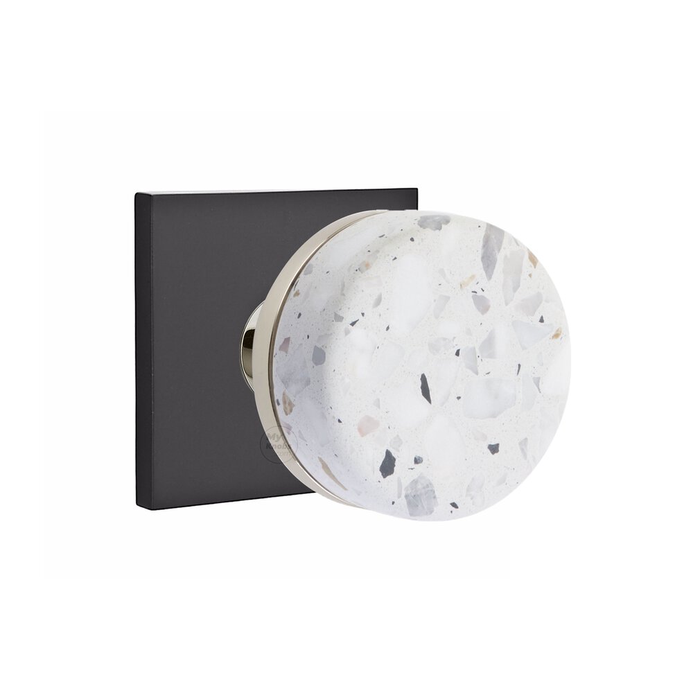 Privacy Square Rosette in Flat Black and Conical Stem in Polished Nickel with Light Terrazzo Knob