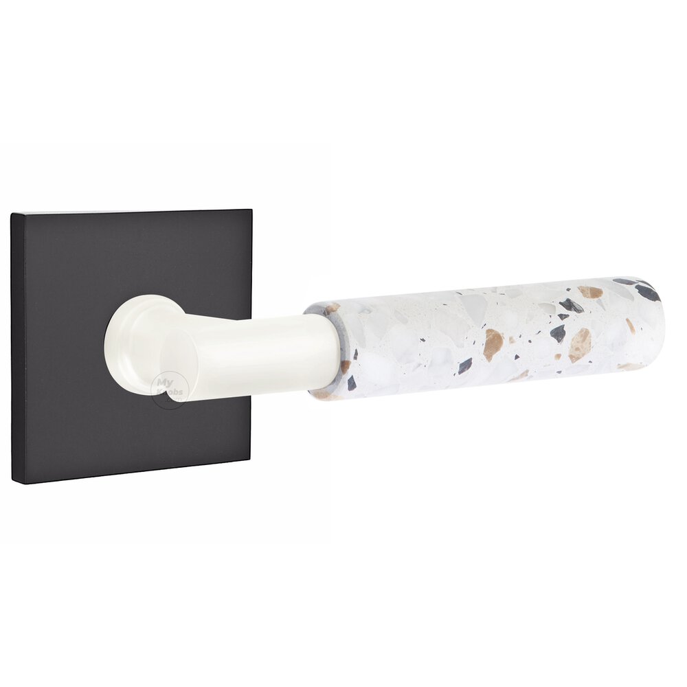 Concealed Passage Square Rosette in Flat Black and T-Bar in Matte White Stem with Reversible Handed Light Terrazzo Lever