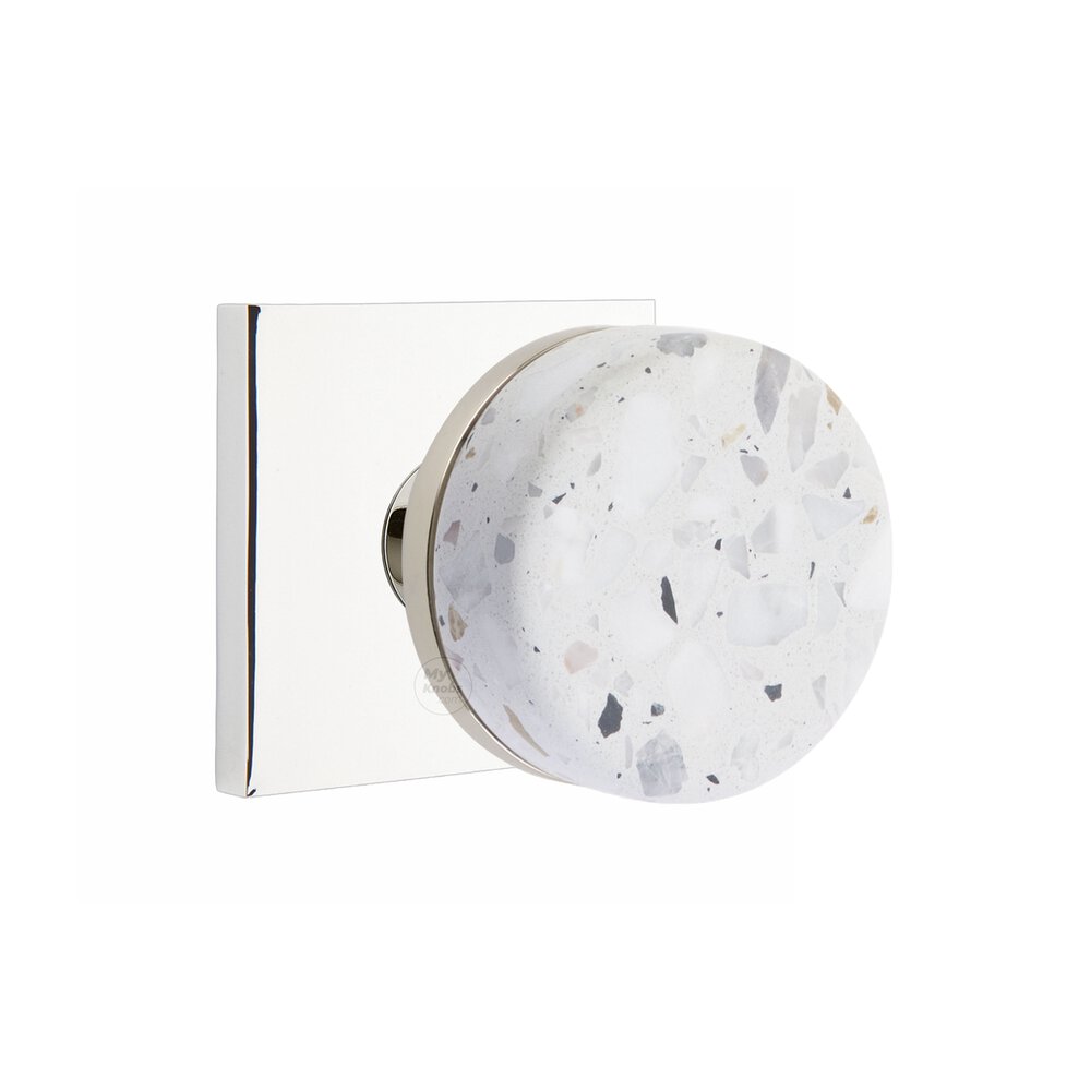 Privacy Square Rosette in Polished Chrome and Conical Stem in Polished Nickel with Light Terrazzo Knob