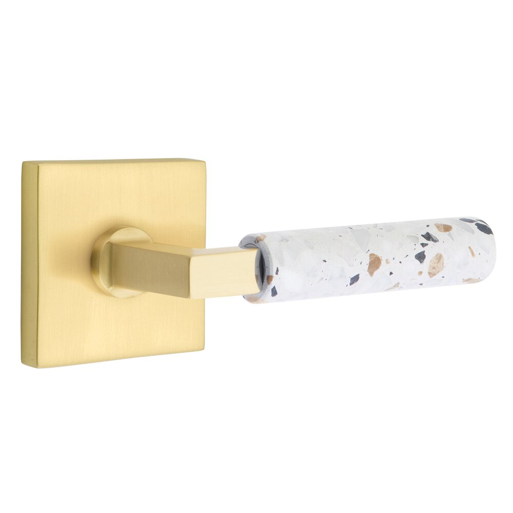 Concealed Passage Square Rosette in Satin Brass and L-Square in Satin Brass Stem with Reversible Handed Light Terrazzo Lever