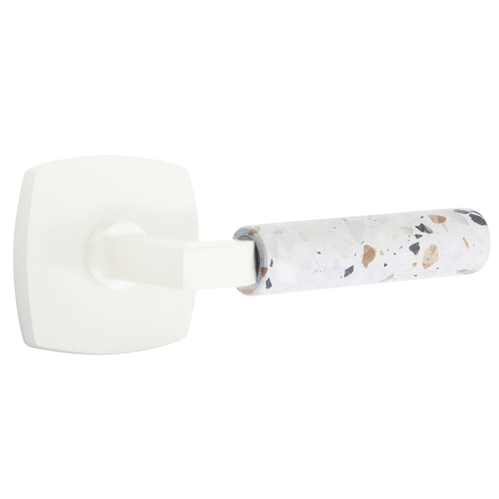 Concealed Privacy Urban Modern Rosette in Matte White and L-Square in Matte White Stem with Reversible Handed Light Terrazzo Lever