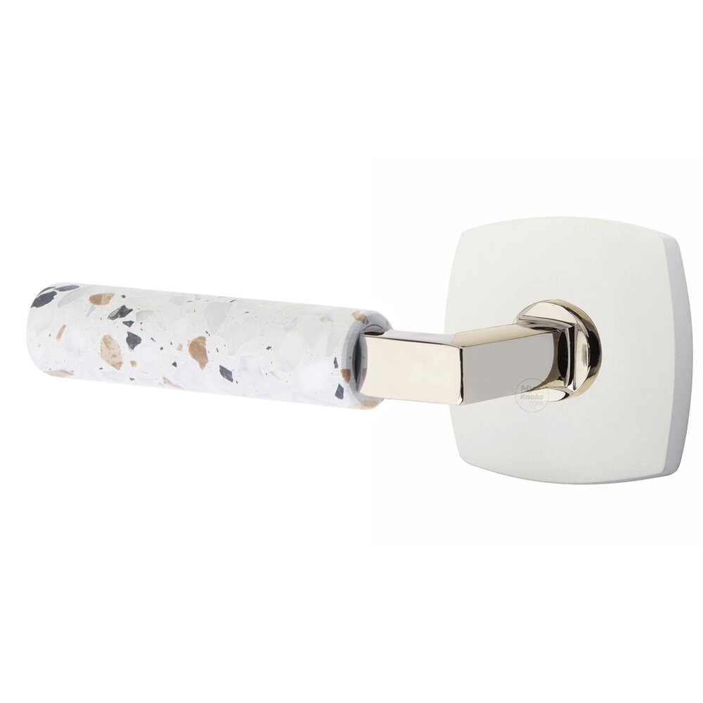 Privacy Urban Modern Rosette in Matte White and L-Square in Polished Nickel Stem with Left Handed Light Terrazzo Lever