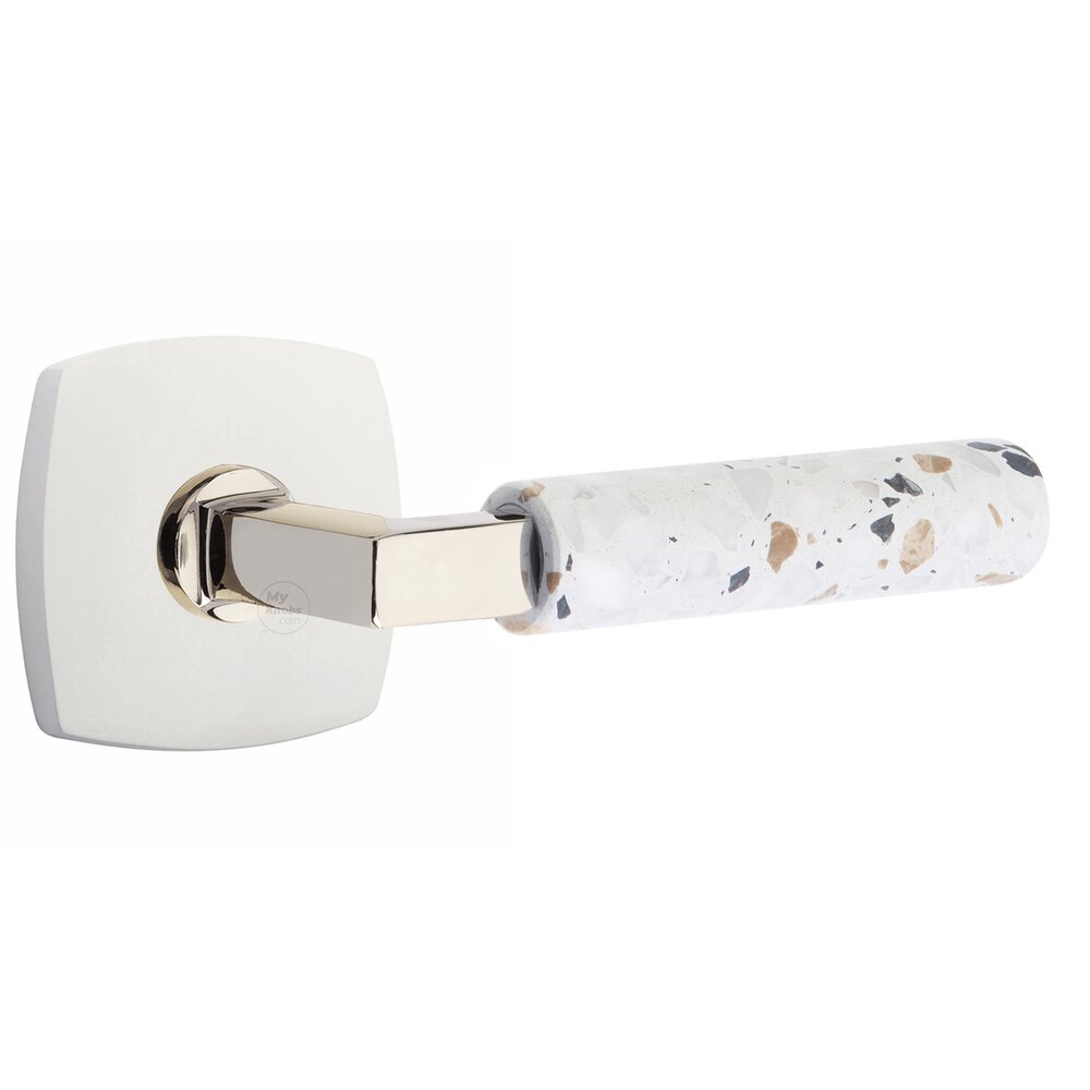 Privacy Urban Modern Rosette in Matte White and L-Square in Polished Nickel Stem with Right Handed Light Terrazzo Lever
