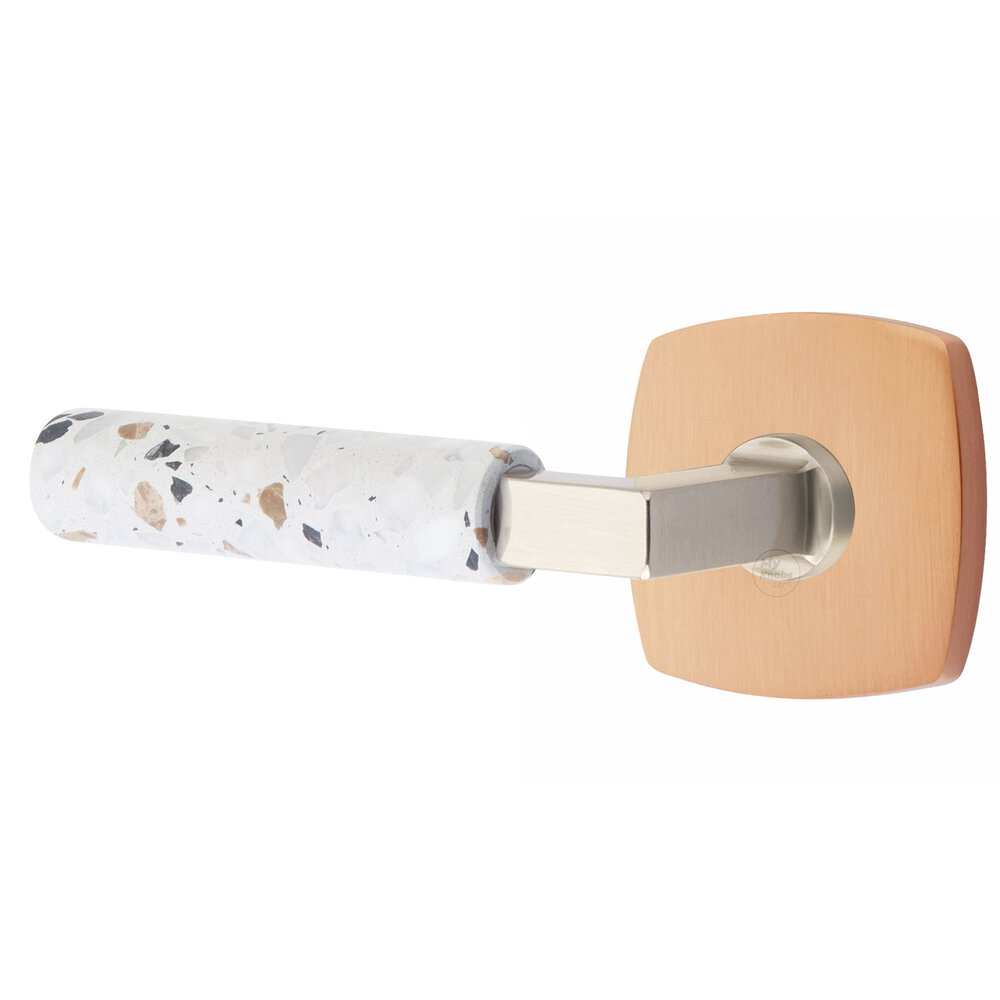 Privacy Urban Modern Rosette in Satin Rose Gold and L-Square in Satin Nickel Stem with Left Handed Light Terrazzo Lever
