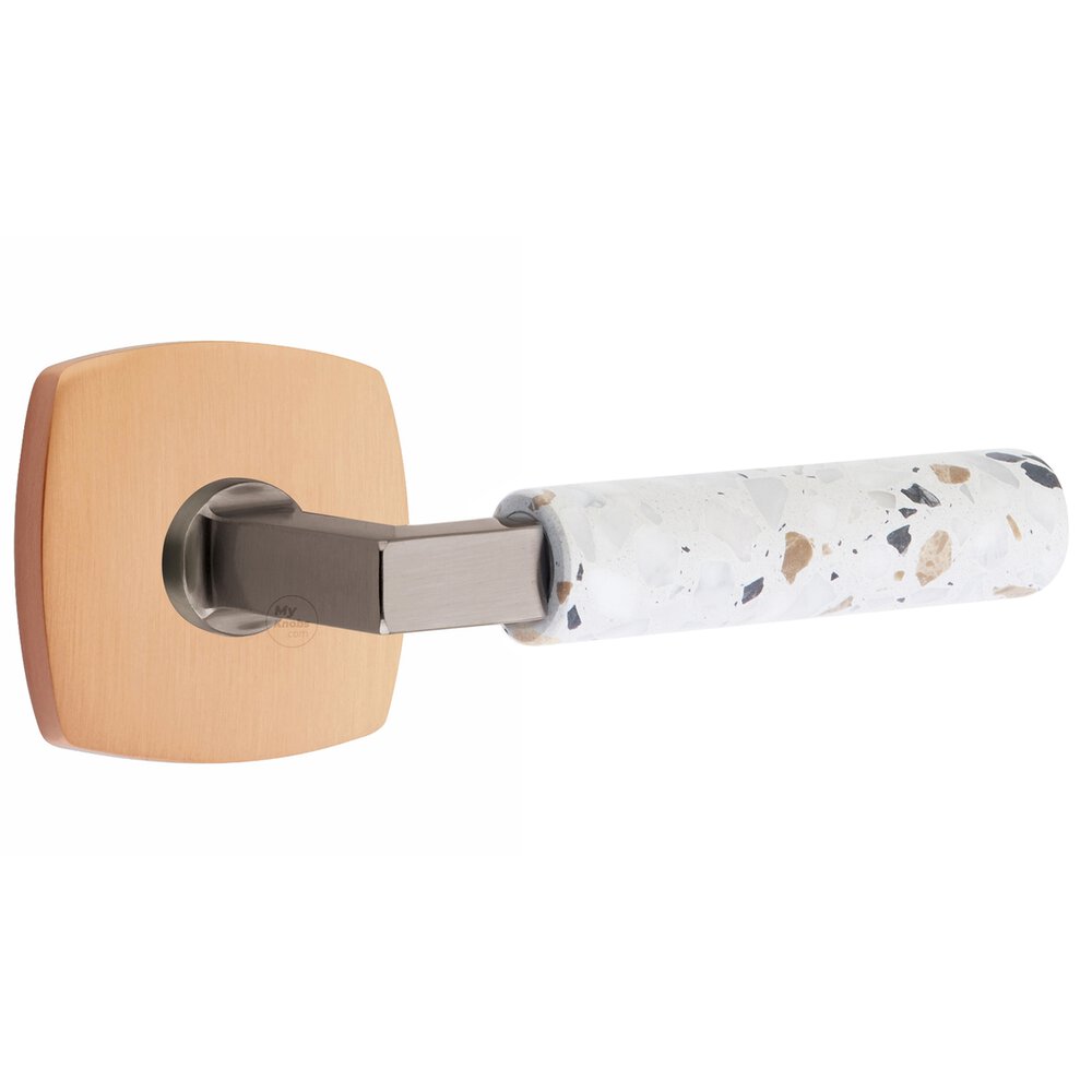 Privacy Urban Modern Rosette in Satin Rose Gold and L-Square in Pewter Stem with Right Handed Light Terrazzo Lever