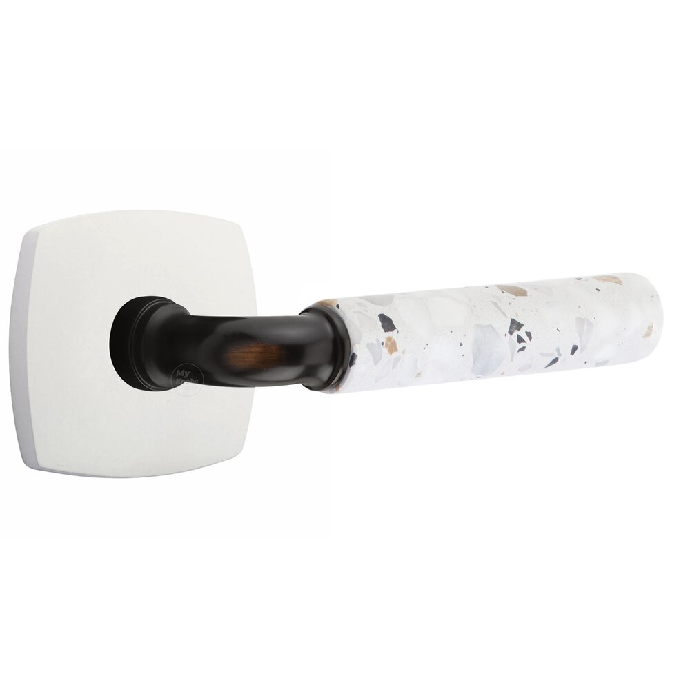 Concealed Privacy Urban Modern Rosette in Matte White and R-Bar in Oil Rubbed Bronze Stem with Reversible Handed Light Terrazzo Lever