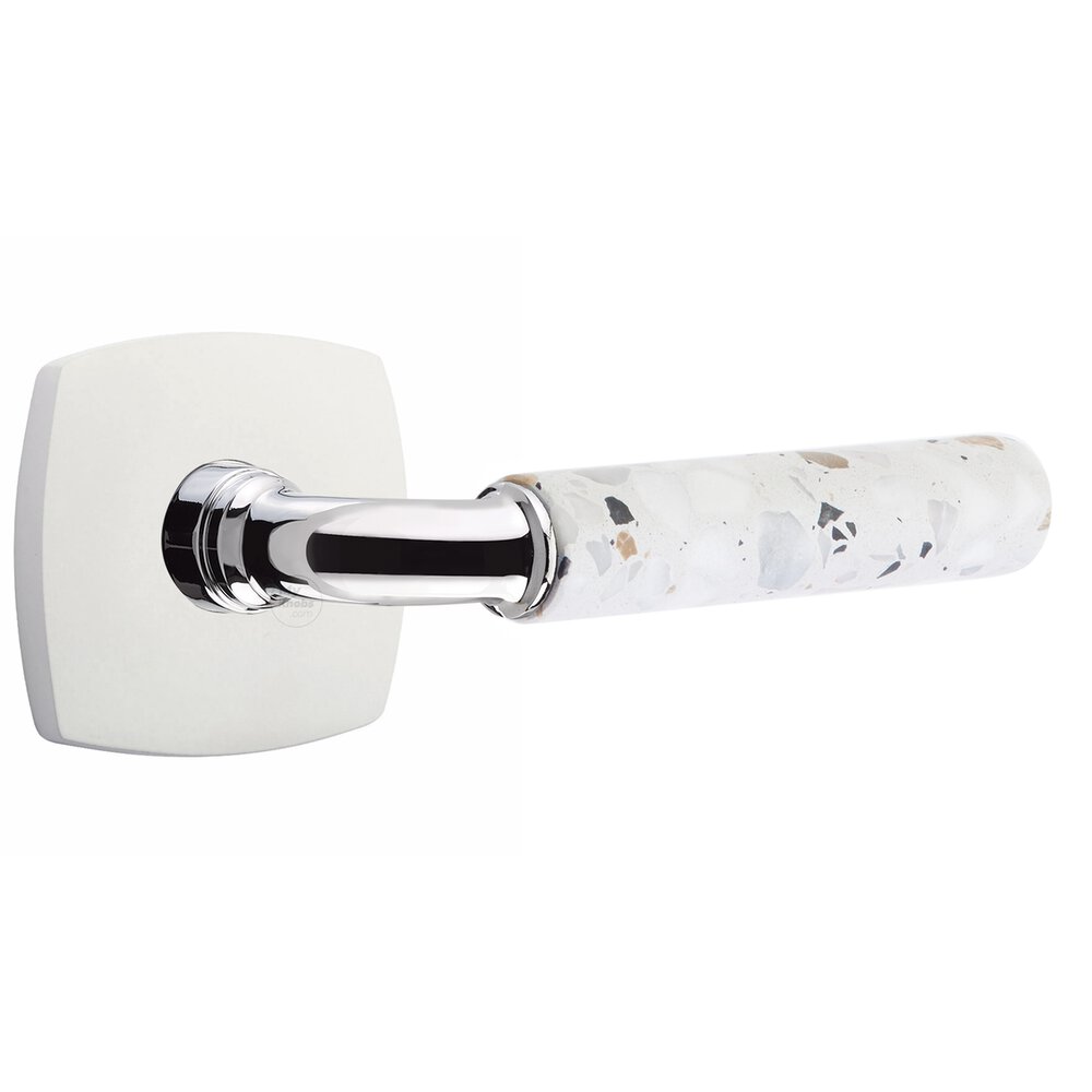 Privacy Urban Modern Rosette in Matte White and R-Bar in Polished Chrome Stem with Right Handed Light Terrazzo Lever