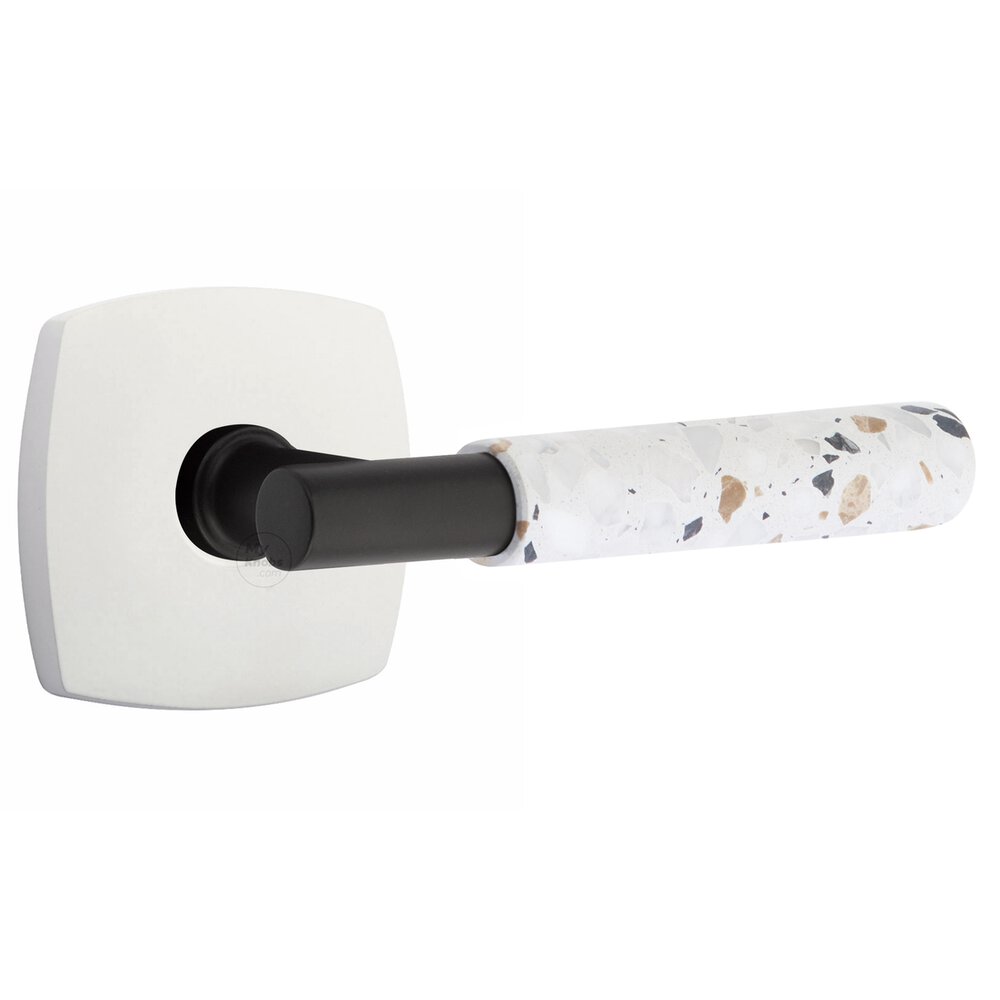 Concealed Privacy Urban Modern Rosette in Matte White and T-Bar in Flat Black Stem with Reversible Handed Light Terrazzo Lever