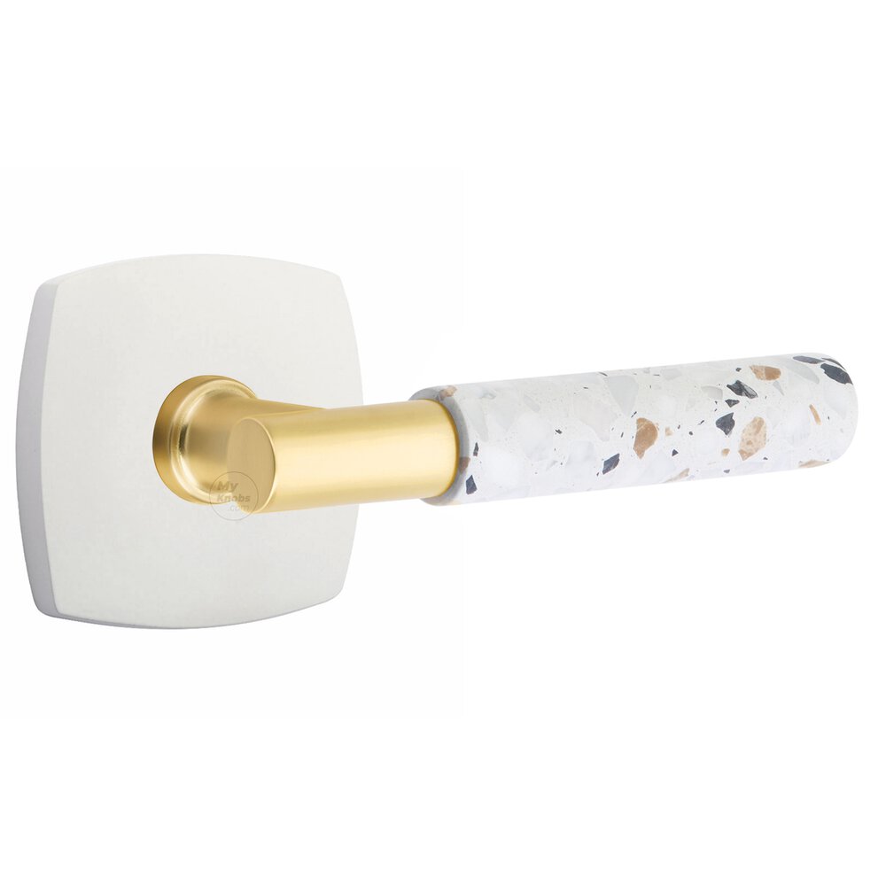 Privacy Urban Modern Rosette in Matte White and T-Bar in Satin Brass Stem with Right Handed Light Terrazzo Lever