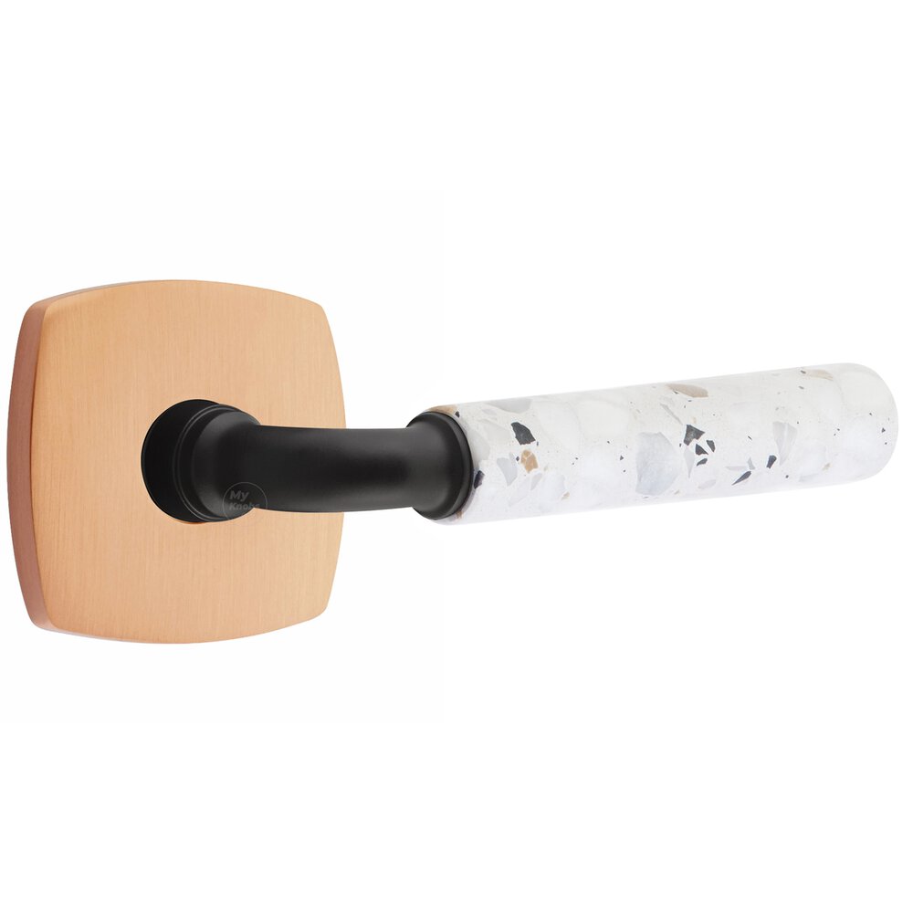 Privacy Urban Modern Rosette in Satin Rose Gold and R-Bar in Flat Black Stem with Right Handed Light Terrazzo Lever