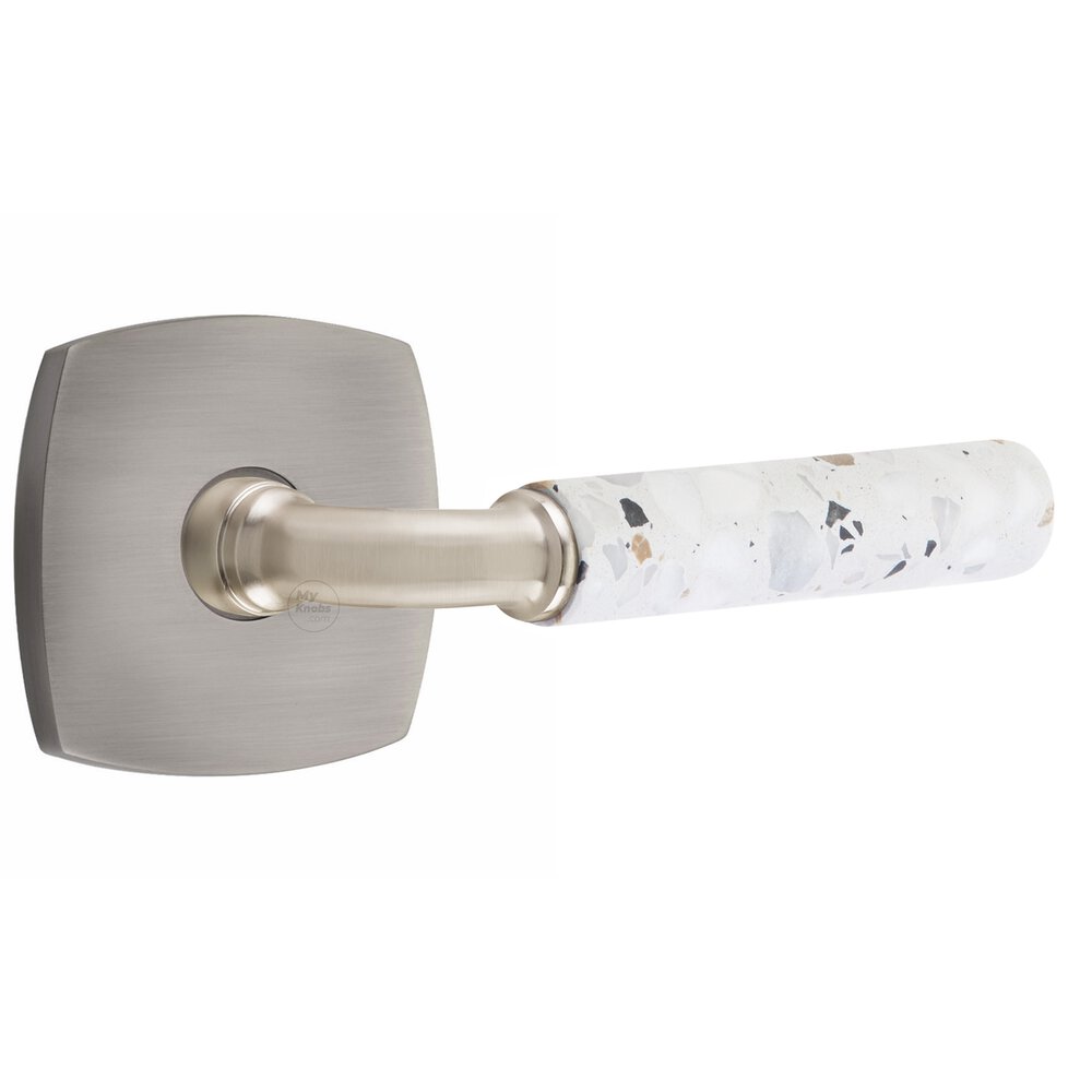 Double Dummy Urban Modern Rosette in Pewter and R-Bar in Satin Nickel Stem with Reversible Handed Light Terrazzo Lever