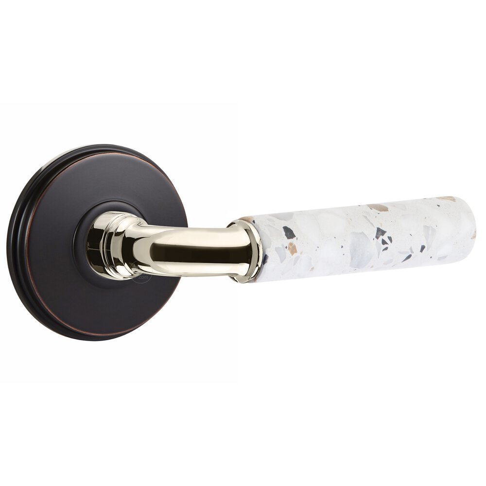 Privacy Watford Rosette in Oil Rubbed Bronze and R-Bar in Polished Nickel Stem with Right Handed Light Terrazzo Lever