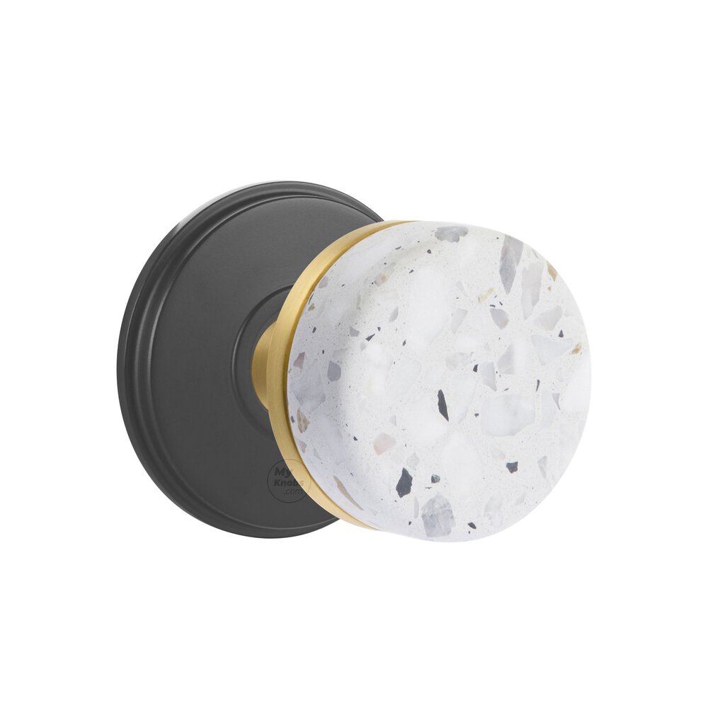Passage Watford Rosette in Flat Black and Conical Stem in Satin Brass with Light Terrazzo Knob