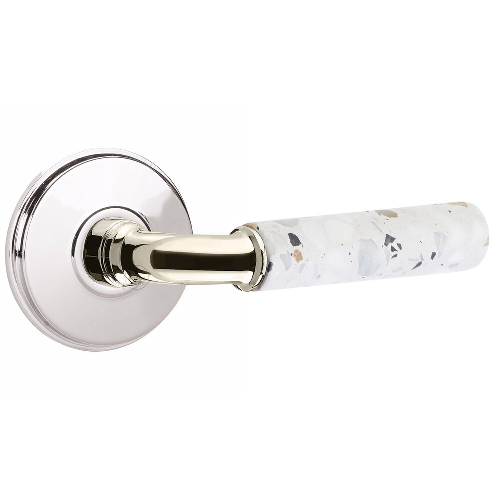 Privacy Watford Rosette in Polished Chrome and R-Bar in Polished Nickel Stem with Right Handed Light Terrazzo Lever