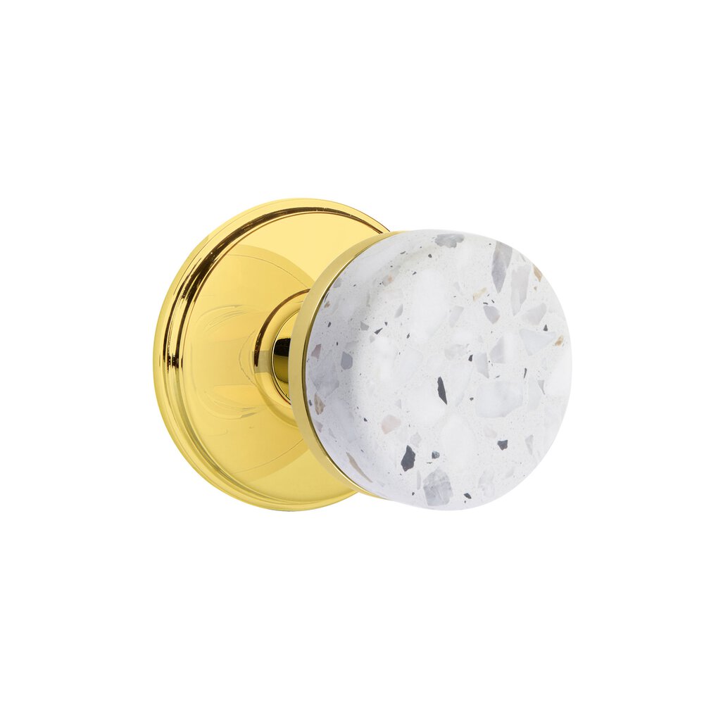 Concealed Privacy Watford Rosette in Unlacquered Brass and Conical in Unlacquered Brass Stem with Knob Handed Light Terrazzo Knob