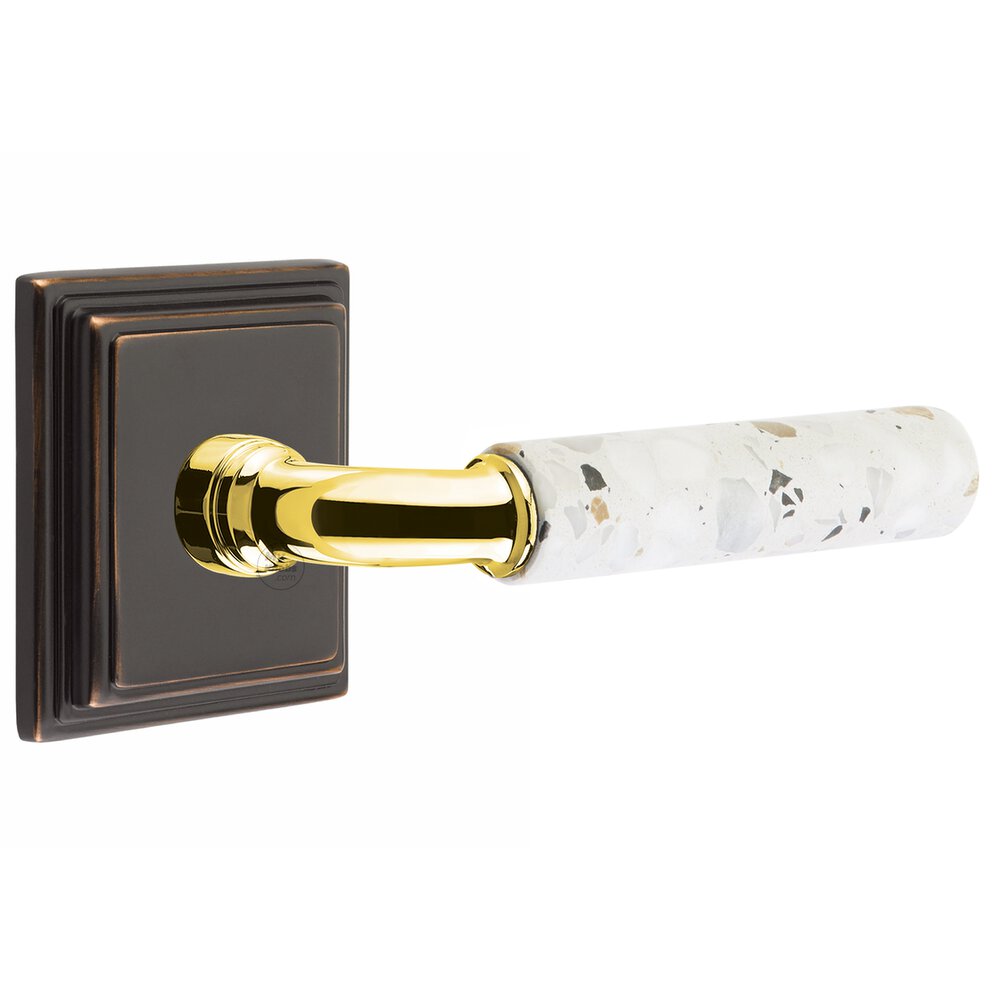 Privacy Wilshire Rosette in Oil Rubbed Bronze and R-Bar in Unlacquered Brass Stem with Right Handed Light Terrazzo Lever