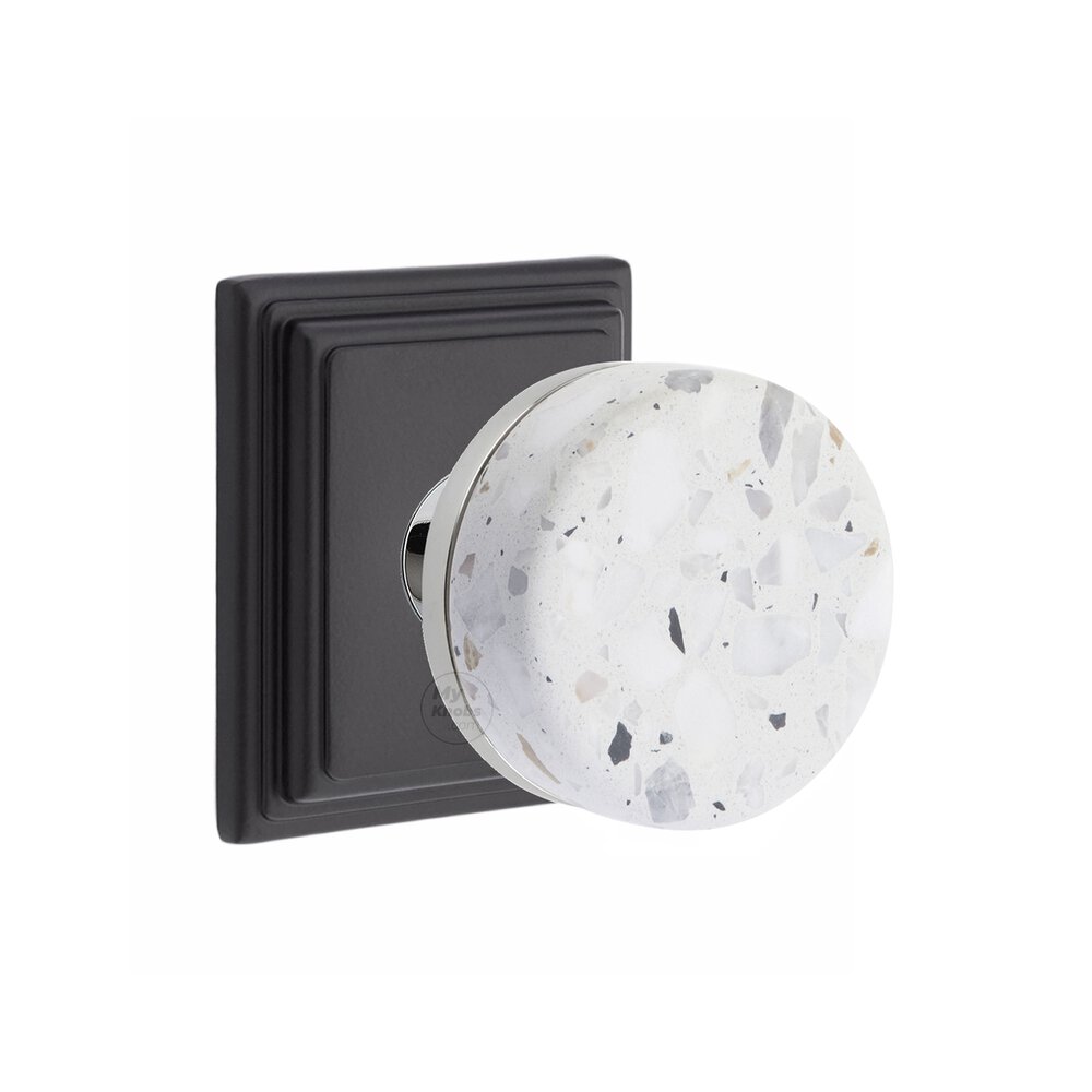 Privacy Wilshire Rosette in Flat Black and Conical Stem in Polished Chrome with Light Terrazzo Knob