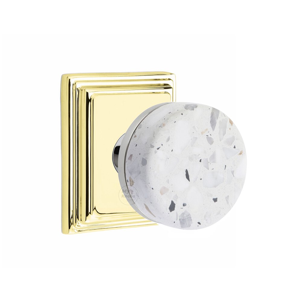 Passage Wilshire Rosette in Unlacquered Brass and Conical Stem in Polished Chrome with Light Terrazzo Knob