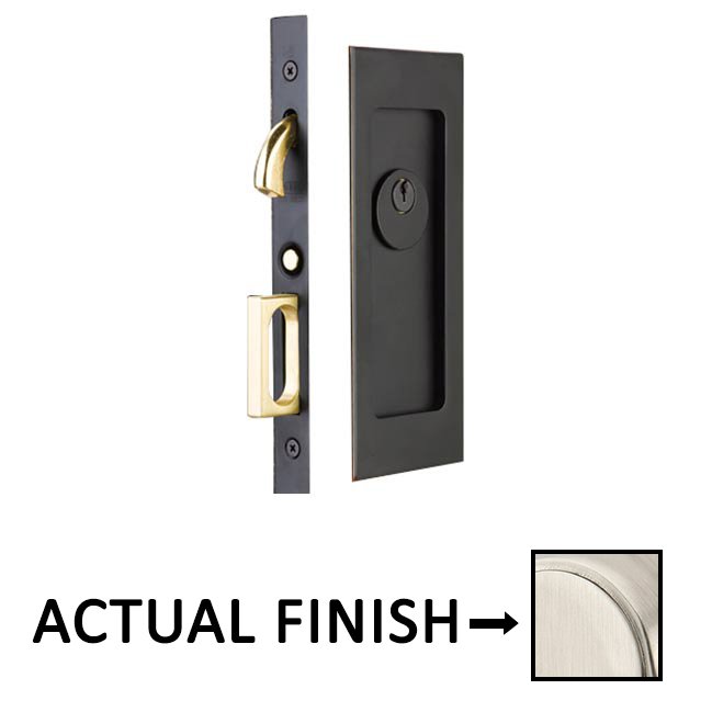 Modern Rectangular Keyed Pocket Door Mortise Lock in Satin Nickel