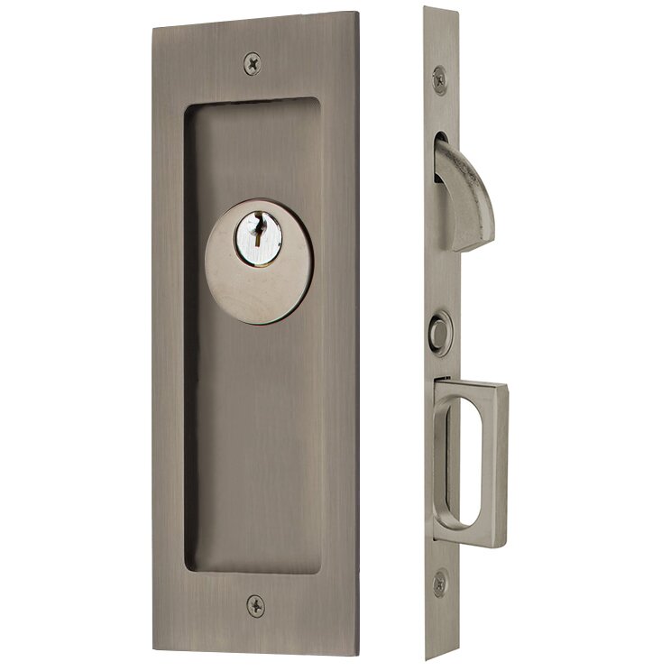 Modern Rectangular Keyed Pocket Door Mortise Lock in Pewter