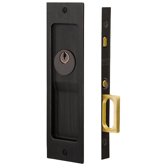 Sandcast Bronze Rustic Modern Rectangular Keyed Pocket Door Mortise Lock in Flat Black Bronze