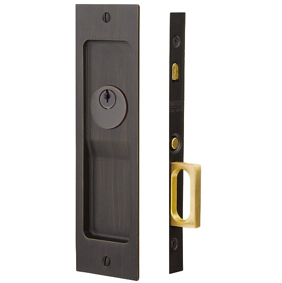 Sandcast Bronze Rustic Modern Rectangular Keyed Pocket Door Mortise Lock in Medium Bronze