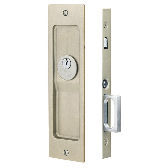 Sandcast Bronze Rustic Modern Rectangular Keyed Pocket Door Mortise Lock in Tumbled White Bronze