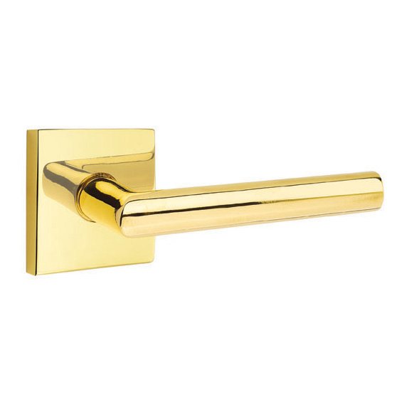 Single Dummy Right Handed Stuttgart Door Lever With Square Rose in Unlacquered Brass